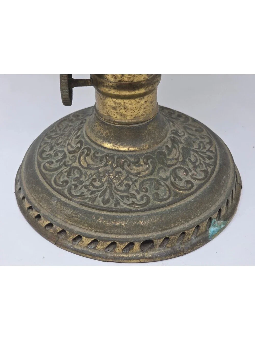 Ornate Metal Electric Lamp Base Embossed Floral Design With Missing Wiring